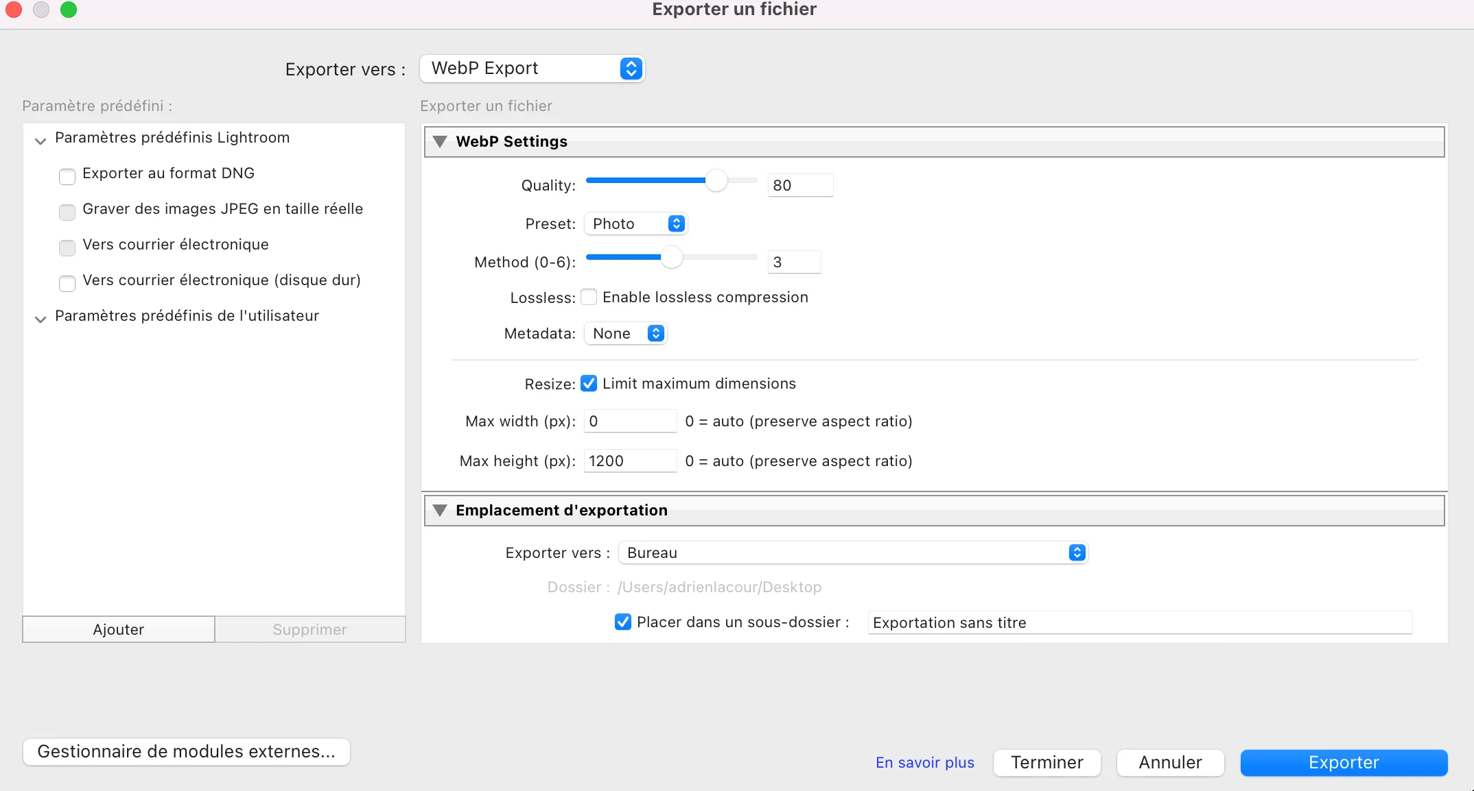 Paramètres d'export WebP dans Lightroom Classic : qualité et options de métadonnées